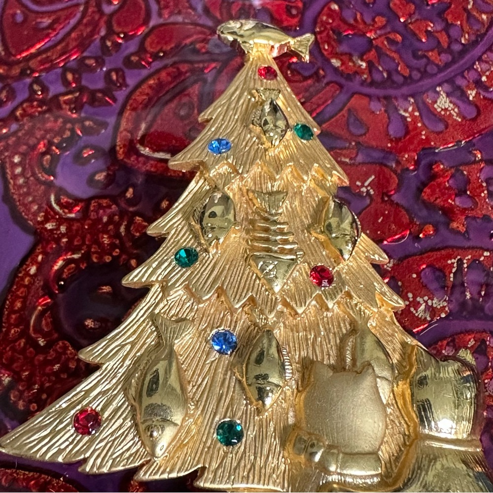 Signed Vintage JJ Christmas Tree Two Cats Brooch | Pin - Picture 2 of 6